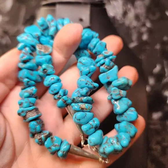 Vintage Morenci Turquoise Necklace Navajo Sterling Silver Beaded Pyrite Matrix - Picture 11 of 12